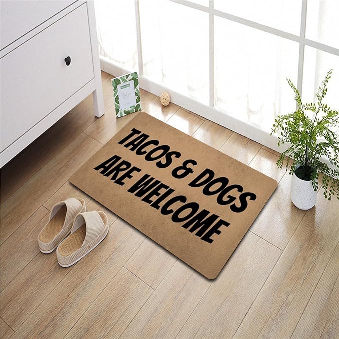 Funny Welcome Doormat (23.7 in X 15.6 in) Anti-Slip Rubber Back Entrance Way Indoor Front Porch Decor Rugs House Warming Gift (Tacos and Dogs are Welcome Pet Lover)