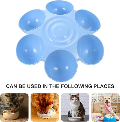 POPETPOP Cat Food Bowl with 6 Bowls - Pet Feeder for Kitten Puppy, Multi Cat Dishes, Multiple Dinner Feeder for Indoor s, Dishes for Food and Water (Blue)