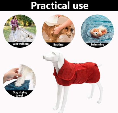 Geyecete Dog Drying Coat - Fast Drying Bathrobe Towel - Microfibre Super Absorbent Pet Cat Bath Robe - Red - M