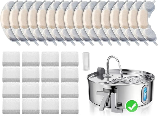 Smartoo Official 16 Packs Dog Water Filter Replacement and 16 Sponges with 1 Pump Holder for 7L/236oz/1.8Gal Stainless Steel Dog Water Fountain