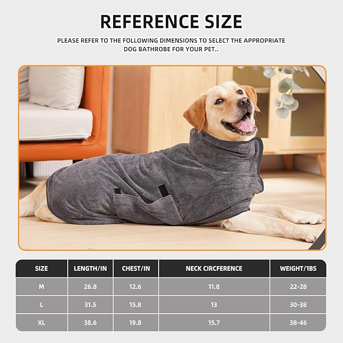 Dog Bathrobe, Quick Drying Super Absorbent Dog Robes for After Bath, Warm Keeping Dogs Towel, Dogs Bath Supplies, Comfortable Soft Drying Coat (Large, Grey)