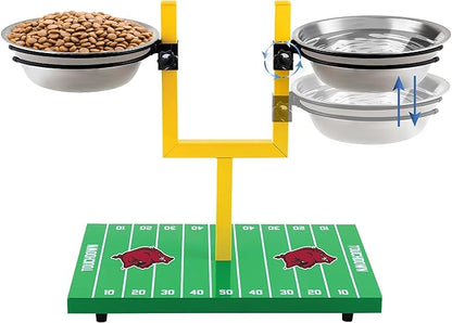 NCAA Arkansas Razorbacks Goalpost Football Field Dog Feeder – Adjustable Elevated Dog Bowls with Stand, 2 Stainless Steel Bowls, Non-Slip Rubber Feet, Raised Pet Feeder for Large & Small Dogs