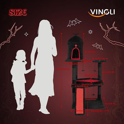 VINGLI 53.5in Gothic Cat Tree with Coffin Bed, Large Cat Tower for Indoor Cats with Spacious Condo, Spider Web Perch, Sisal Scratching Posts & Board, Hanging Spider Toys, Red & Black Cat Furniture