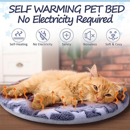 VitalCozy 2 Pack Self Heating Cat Pad Self Heating Cat Bed Machine Washable Heat Pet Mat Reversible Body Thermal Warm Round Dog Bed Crate Blanket for Feral and Indoor Cats(16'',Blue Large Star)