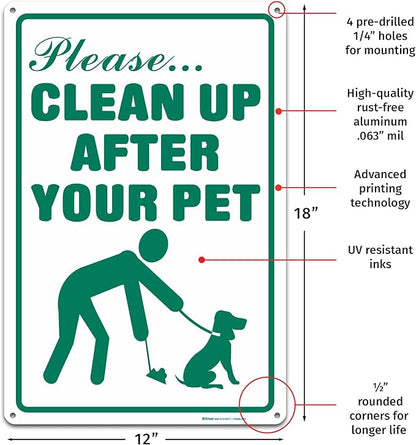 Brimar - 12" x 18" - Clean Up After Your Pet Sign - .063″ White Rust-Free Aluminum - Clear Message - Easy Installation