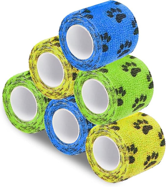 SunGrow Cat Self-Adhesive Bandage, Wound Care, Cuts, Post-Surgery, Hot Spots, 2”(W), Stretchable from 4” to 7”, Breathable Vet Wrap Gauze, 2 Rolls Per Color (Yellow, Blue, Green), 6 Pcs Per Pack 