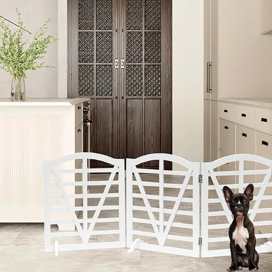 Wooden Dog Gate Freestanding Pet Gate Foldable Pet Gate for Dogs,Indoor Dog Fences with 3Foot Supportershite,3Pane 23.6" Height-White.