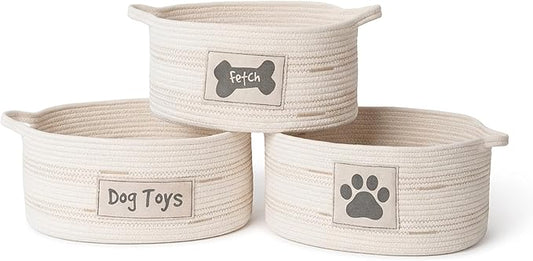 RGI Home Dog Toy Storage Baskets – Set of 3 Oval Fabric Rope Organizer Bins for Pet and Household Storage, Multi-Sized with Easy-Carry Handles, Durable and Stylish, Charcoal Gray on Ivory