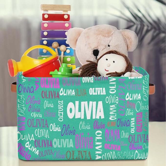 Custom Storage Baskets Named, Personalized Storage Bins Basket Boxes PU Leather Handles for Clothes Bedroom Closet Organizing Toys Books Shelves, Light Sea Green Color