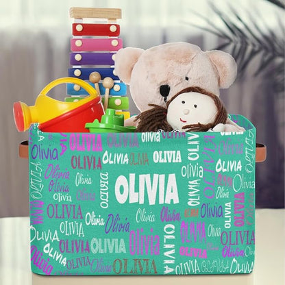 Custom Storage Baskets Named, Personalized Storage Bins Basket Boxes PU Leather Handles for Clothes Bedroom Closet Organizing Toys Books Shelves, Light Sea Green Color