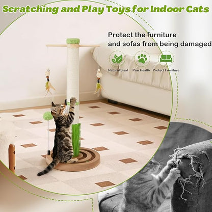 Cat Scratching Post, 26 Inch Tall Scratching Posts for Indoor Cats Adults and Kittens, Small Cat Scratch Post with Rotatable Hanging Toys, Rubber Brush and Double-Layer Interactive Wooden Ball Track