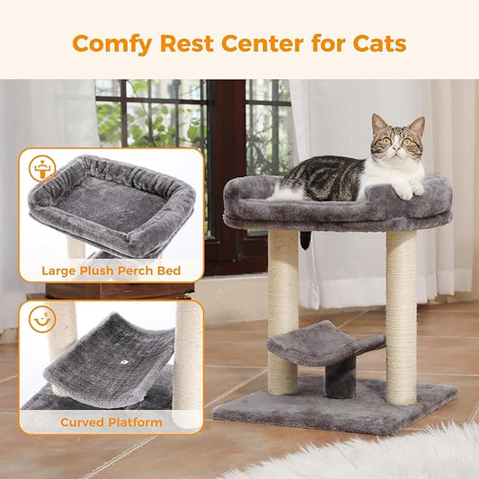 PETEPELA 19" Scratching Post, Cat Tree Tower, 100% Natural Sisal Scratcher With Large Plush Top Perch Bed, Cozy Platform for Kittens and Cats