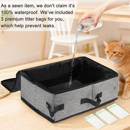 SZEE Travel Litter Box for Cats with Zipped Lid with 3 Pcs Disposable Liner Bags, Easy Cleaning, Suitable for Pets up to 15lbs, Portable Litter Box for Travel, Car, Hotel, Airplane, Camping - Grey