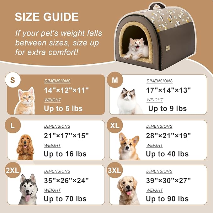 Jiupety Cozy Small Pet Dog House, 2 in 1 Puppy House, S Size for Cat and Puppy, Warm Cave Sleeping Nest for Cats and Dogs, S(14"×12"×11"), Up to 5 Lb, Brown