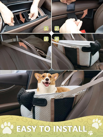 Small Dog Car Seat, Portable Dog Seat with Soft Washable Cushion,Center Console Dog Car Seat for Small Dogs Up to 13lbs(White)