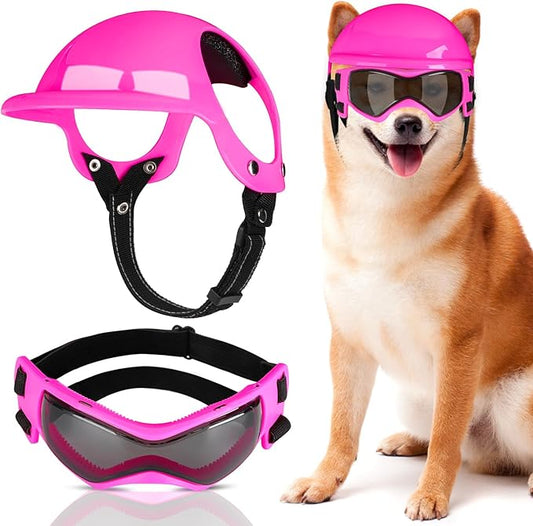 SlowTon Dog Helmet and Goggles - UV Protection Doggy Sunglasses Dog Glasses Pet Motorcycle Helmet Hat with Ear Holes Adjustable Belt Safety Hat for Small Medium Large Dogs Puppy Riding (Pink, M)