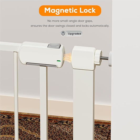 29.5-46" Magnetic Baby Gate for Stairs, Baby Safety Essentials, Auto Close Gate for Doorways, Easy Install Pressure Mounted Dog Gate Indoor, Pet Gates for Dogs, White