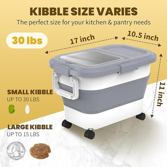 HOYTAMDA 20-30Lbs Rice Container,Collapsible Airtight Food Storage Containers with Wheels,Handle,Rice Storage Container with Small Bin and Scoop