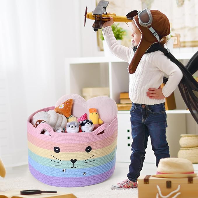 Zopeal Cat Basket Storage Woven Organizer with Ears Easter Decorative Pet Toy Cute Cotton Rope Basket for Gift Cat Dog Toy Bin Nursery Room(21.7 x 13.8 Inch,Macaron Color)