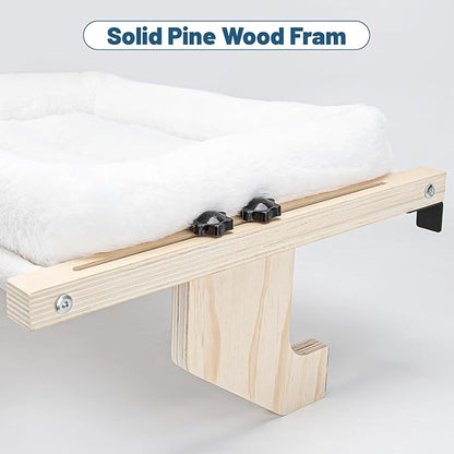 Cat Sill Window Perch - 100% Natural Pine Frame, Soft Rabbit Fur Cushion, Tool-Free Adjustment, Supports 40 lbs (Medium-White)