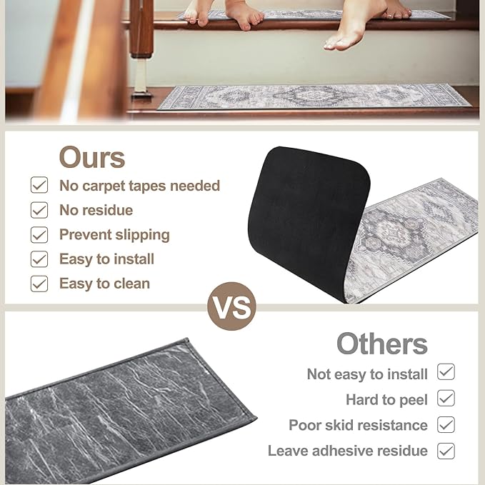 OJIA Stair Treads Carpet for Wooden Steps Non Slip Landing Mat Stair Rug with Rubber Backing, Faux Wool Soft Stair Runner Safety Rugs for Family, Absorbent Washable 31x31 inch Carpet for Stairs