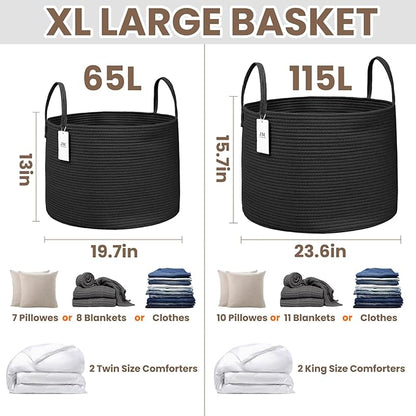 115L Extra Large Blanket Basket for Living Room - Woven Cotton Rope Laundry Hamper with Reinforced Handles - Storage Bin for Pillows, Comforters & Toys - Machine Washable,Black
