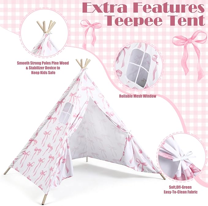 Pink Bow Teepee Tent Indoor Play Tent Coquette Playhouse Foldable Teepee for Indoor Reading Nook Room Decor