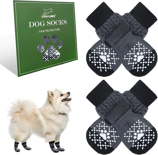 EXPAWLORER Dog Socks for Prevent Licking Paws,Winter Boots & Paw Protectors, Non Slip Doggie Grippy Booties for Hardwood Floors, Shoes for Small Medium Large Senior Dogs Twists Grey S