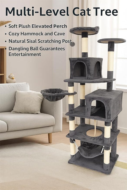 Cat Tree, 68-Inch Cat Tower for Indoor Cats, Plush Multi-Level Cat Condo with 7 Scratching Posts, 2 Perches, 2 Caves, Hammock (Darkgray)