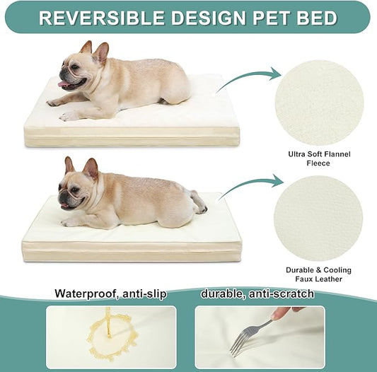 Vonabem Waterproof Dog Beds Medium Sized Dog, Washable Crate Pad 30 inch, Outdoor Orthopedic Foam Puppy Bed with Removable Cover Reversible, Anti-Slip Kennel Pad, 29"x18", Beige