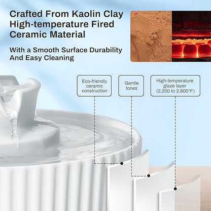 2.1L Ceramic Cat Water Fountain-for Cats and Dogs, 360 Ceramic Pet Fountain-70 Oz Large Water Capacity - Whisper-Quiet Water Flow-Great for Shy or Timid Pets - Fresh, Filtered Water（White）