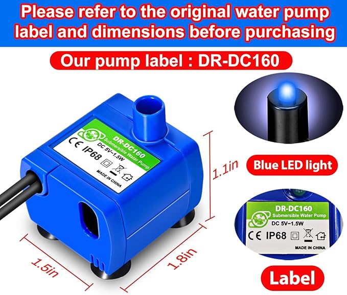 Cat Water Fountain Pump, Pet Water Fountain Pump Compatible Motor, DR-DC160 for Cat Drinking Fountain Cat Water Dispenser Replacement (With LED & Brush)