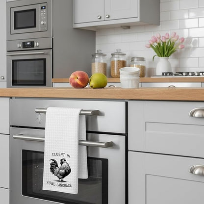 Chicken Dish Towel, Waffle Weave Microfiber Kitchen Cloth, Rustic Rooster Decor Accent, Farmhouse Style Gift for Chicken Lovers, Funny Country Hand Towel for Kitchen Bathroom - A05