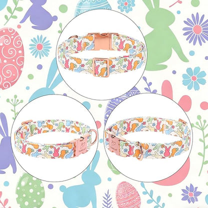 Easter Bunny Dog Collar, Cute Flower Bunny Easter Collar for Boy Girl Dogs, Adjustable Heavy Duty Spring Holiday Dog Collars for Small Medium Large Dogs with Metal Buckle S