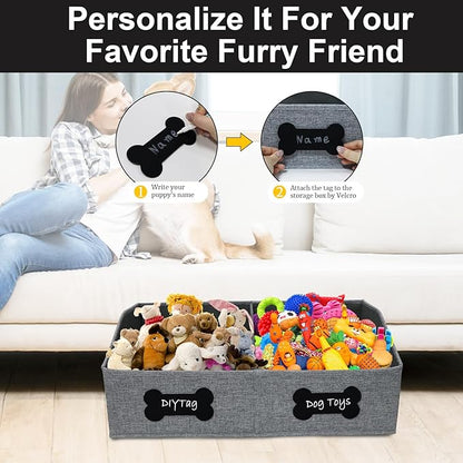 Large Dog Toy Basket,Dog Toy Box for Living Room Area,Collapsible Dog Toy Bin with Divider,Trapezoid Dog Toy Storage-with DIY Tag,Dog Organizer ideal for Pet Toys Blankets Leashes Snack