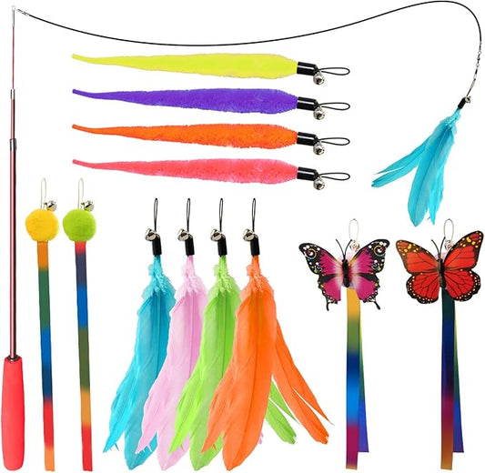 Cat Toys for Indoor Cats, 13 Packs Interactive Cat Wand Toy Set with Feather＆Ribbon Refills, Feather Toys for Exercise, Playtime and Boredom Relief with Kitten
