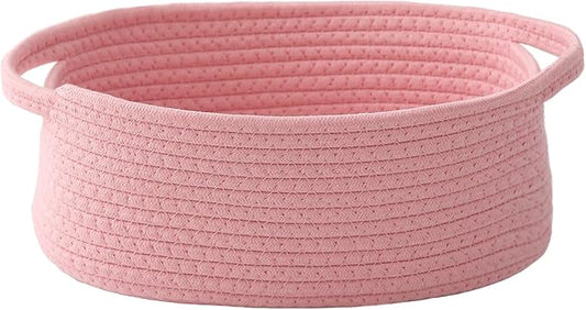 Woven Basket,Small Rope Storage Bin with Handles & Ribbon Bag, Organizer for Shelves Closets,Gift Basket Empty for Birthday,Books,Dog Toys, Pink