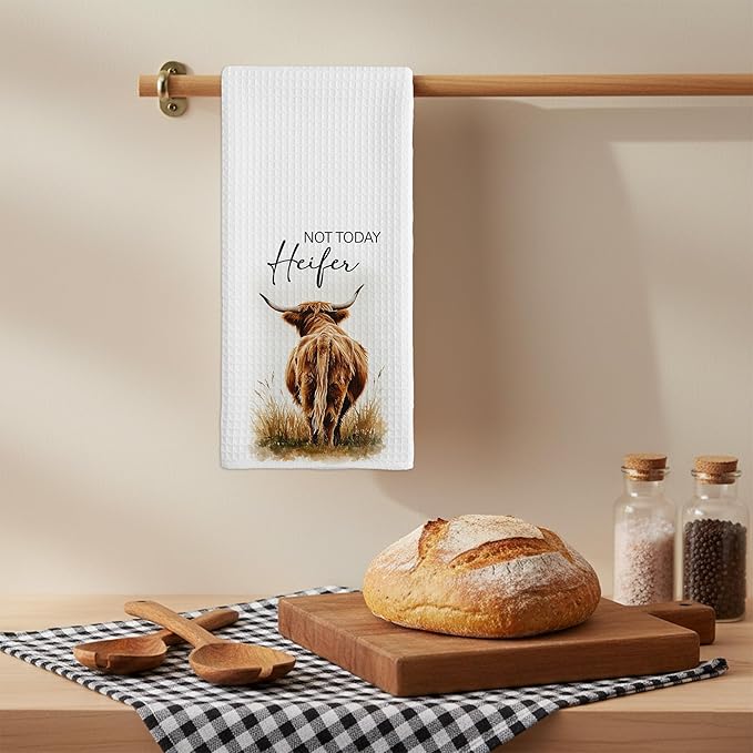 Not Today Heifer Highland Cow Hand Towels for Farmhouse Kitchen Bathroom Decor | Funny Waffle Weave Microfiber Dish Towel Western Gift