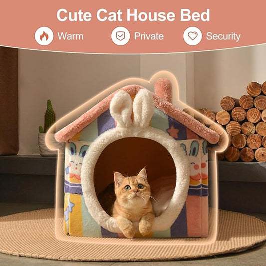 JIUPETY Cute Cat Beds for Indoor Cats, Foldable Cat House with Non-Slip Bottom, S Size Kitten Bed for 0-6 Lb Dogs and 0-8 Lb Cats, Rainbow
