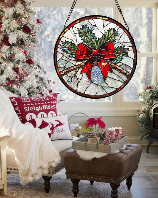 Stained Glass Window Hanging - Pine Branches Red Bow Suncatcher for Doors Home Christmas Decoration Silver Sun Catcher Thanksgiving New Year Birthday Gifts for Women Men Mom Nana 7.8 in