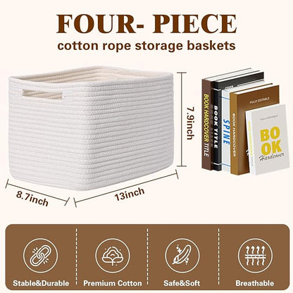 Storage Baskets for Organizing, 4 Pack Baskets for Shelves, Decorative Storage Bins for Shelves, Cotton Rope Storage Basket with Handles, Woven Basket for Storage, 13''Lx8.7''Wx7.9''H, White