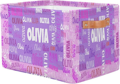 Personalized Foldable Storage Basket with Name, Laundry Hamper Dirty Clothes Pet Toys Storage Bin with Handles for Shelf Home Closet Kitchen, Purple and Pink Background