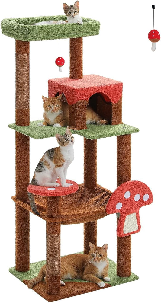 MUTTROS Mushroom Cat Tree Tower with Removable Scratcher, Large Hammock, Condo, Perch, 3 Sisal Posts – Multi-Level Cat Tree for Indoor Cats, Cute Cat Tower for Small Space Homes