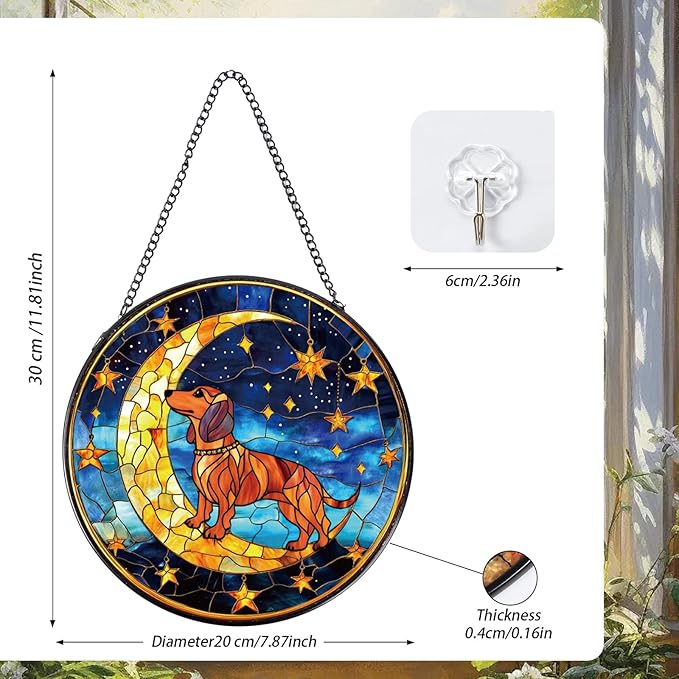 Dachshund Stained Glass Window Hanging Gifts, 7.8″ Weiner Dog Sun Catchers for Indoor Window Decor, Decorative Sun Catchers Home Wall Art Animal Memorial Gift