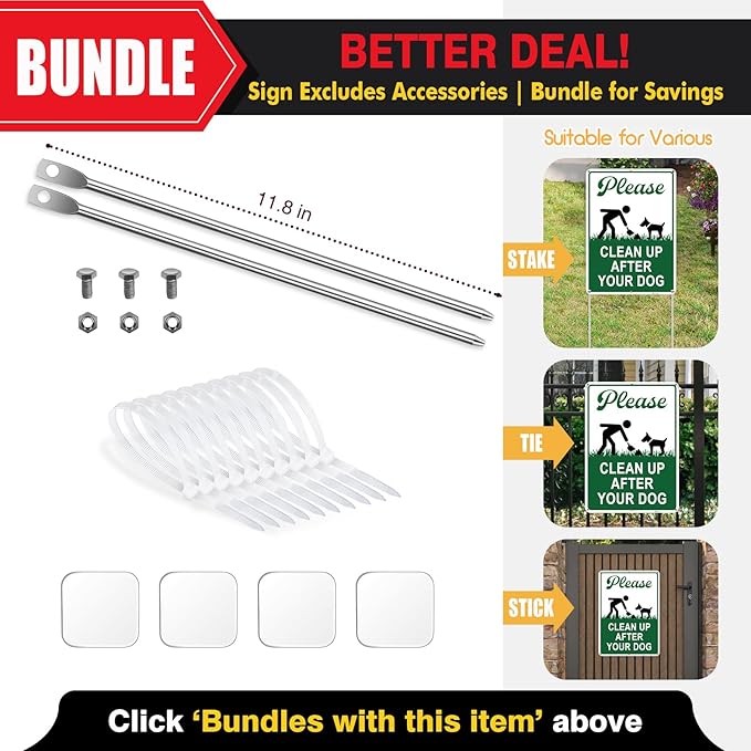 Clean Up After Your Dog Signs, 10x7in Optional Accessory Bundle, Please Pick Up Your Dog Poop, no poop signs for yard Keep Off Grass,4pc,zinclue