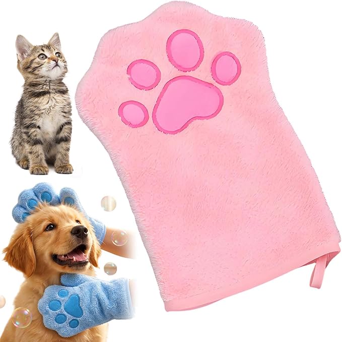 Paw Bathing Towel for Cats Puppy, Machine-Washable Reusable Pet Grooming Towel - Soft, Absorbent Quick-Dry Bath Mitt for Dirt Odor Removal, Daily Care & Travel (Pink)
