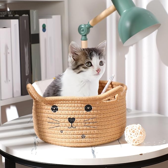 Zopeal Cat Basket Storage Woven Organizer with Ears Easter Decorative Pet Toy Cute Cotton Rope Basket for Gift Cat Dog Toy Bin Nursery Room(13.7 x 7.8 Inch,Khaki)