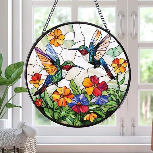 Hummingbird Stained Glass Window Hanging Gifts, 7.8″ Flower Sun Catchers for Indoor Window Decorations, Decorative Suncatchers Home Wall Art Gift for Thanksgiving Christmas Wedding Housewarming