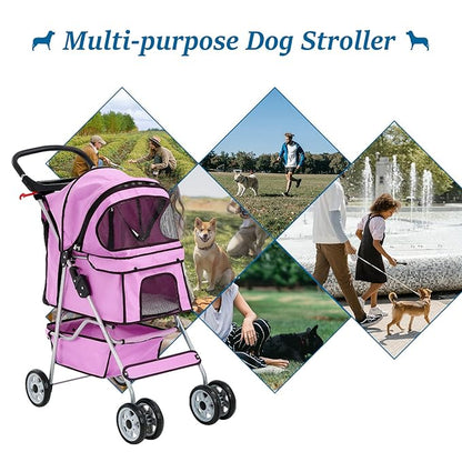 HHS Pet Stroller Cat Dog Strollers for Small Medium Dogs Double Puppy Doggie Carrier with Storage Basket and Cup Holder Foldable Travel Jogging Cart, Pink 17.5(L)*33(W)*38.6(H) inch