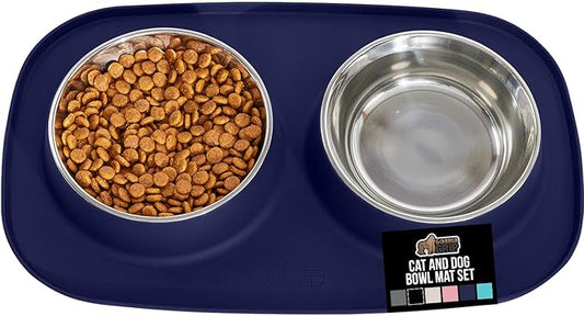 GORILLA GRIP Feeding Mat Bowl Set, 3 Cup 100% Waterproof BPA Free Silicone, 304 Stainless Steel Cat and Dog Bowls for Food and Water, Slip Resistant, High Edge, US Designed, Patent Pending, Navy Blue